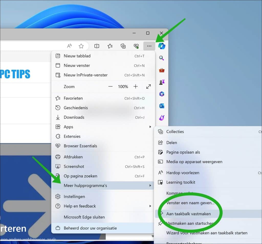 Website vastmaken aan taakbalk via Microsoft Edge