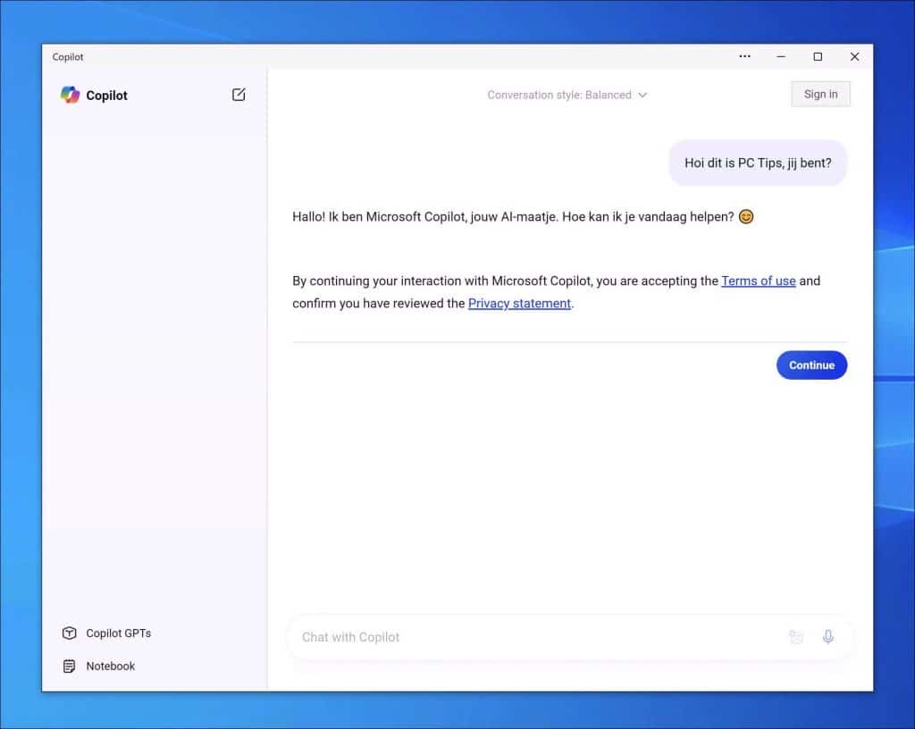 Copilot in Windows 10 als app