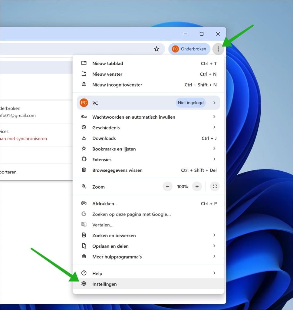Google Chrome instellingen openen