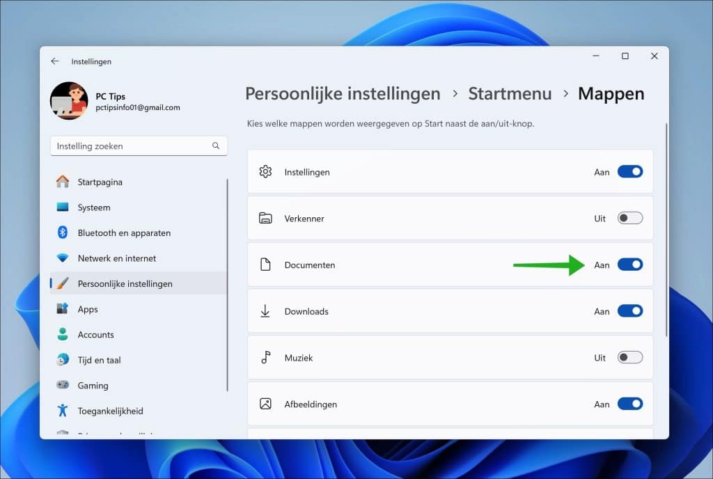 Kies vervolgens welke mappen worden weergegeven in het Startmenu naast de aan/uit knop.