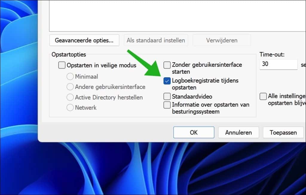 Logboekregistratie tijdens opstarten inschakelen