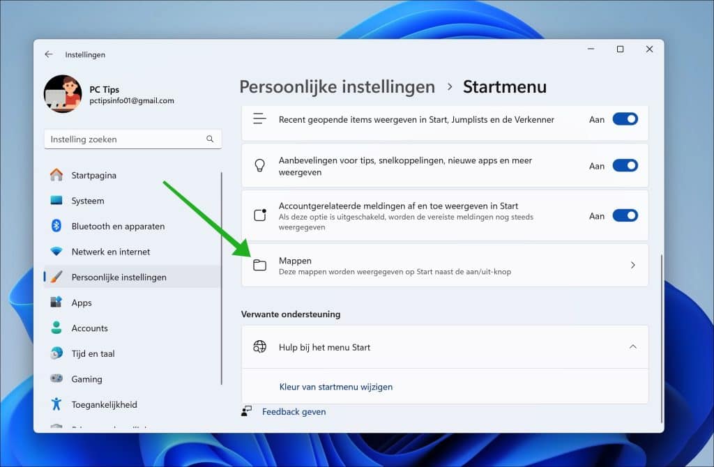 Mappen instellingen in het Startmenu