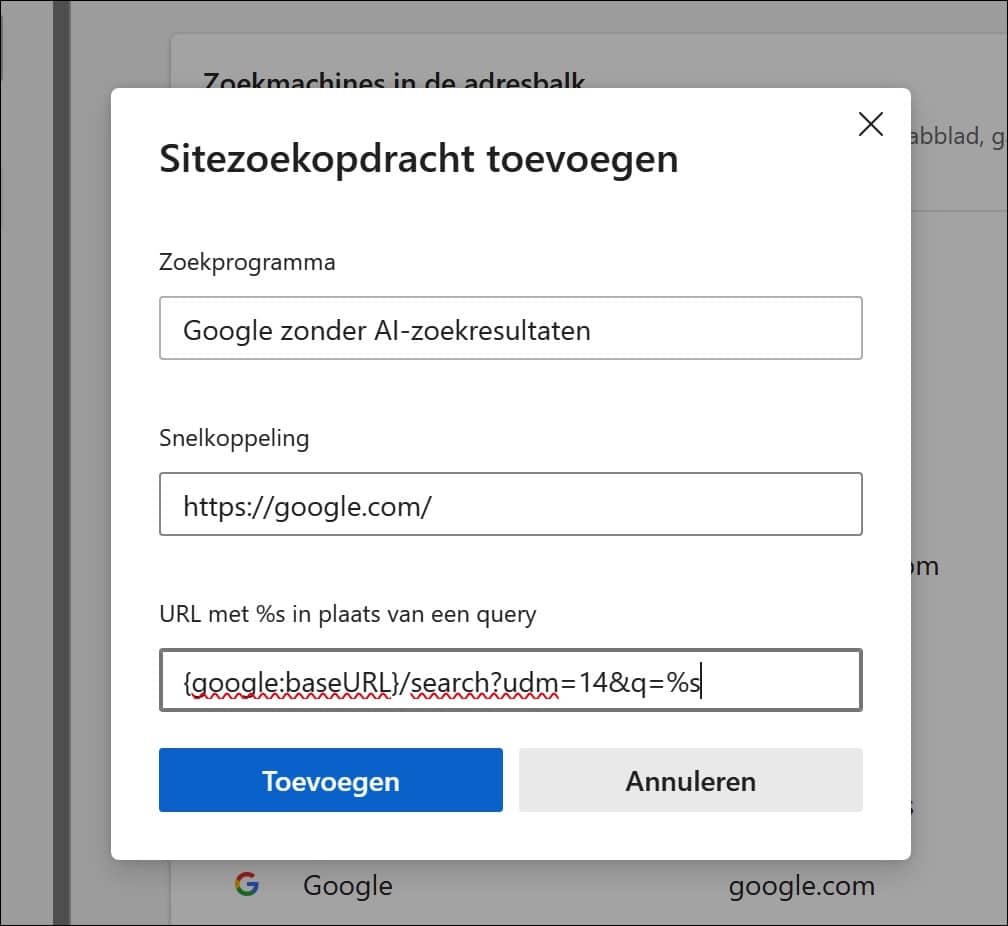 Sitezoekopdracht toevoegen