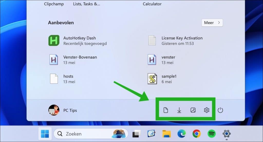 Snelkoppelingen in Startmenu