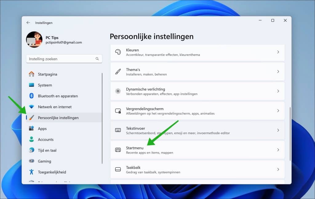 Startmenu instellingen in windows 11