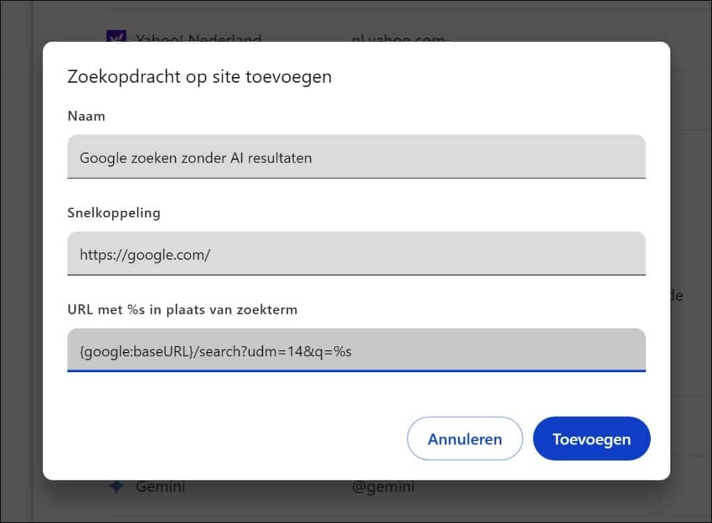 Zoekopdracht op site toevoegen