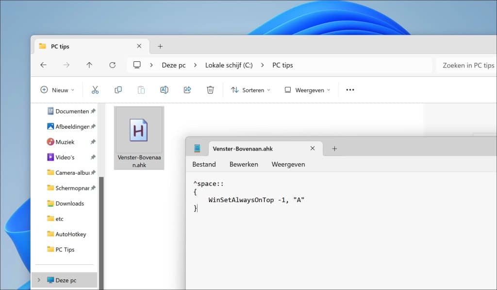 autohotkey script om venster bovenaan te behouden