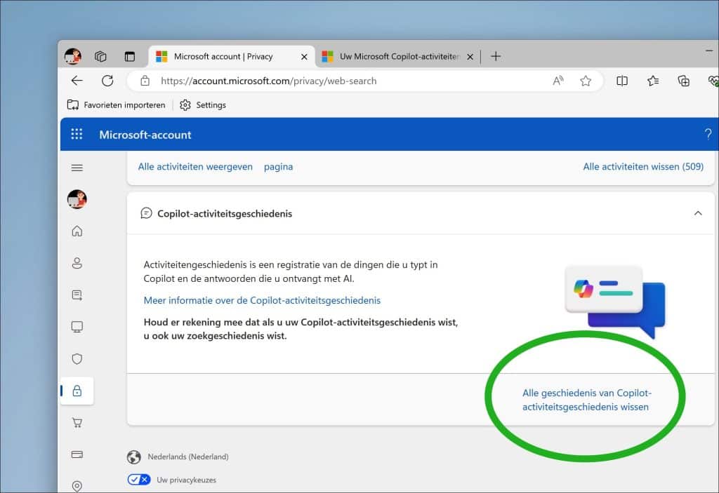 Alle geschiedenis van Copilot-activiteitsgeschiedenis wisse