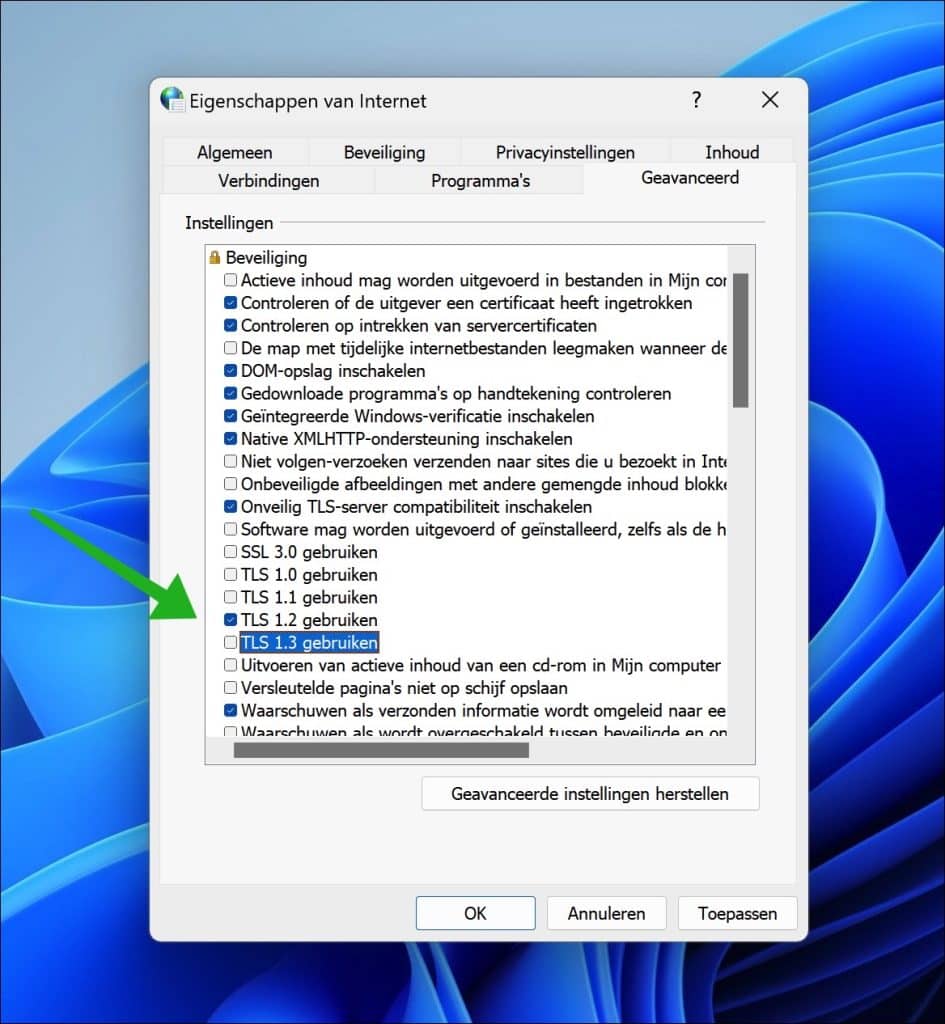 TLS wijzigen in Windows 11