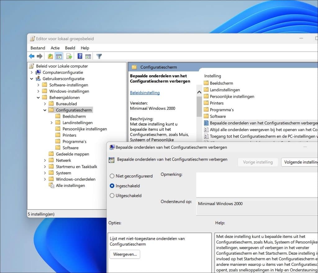 Verbergen van bepaalde configuratiescherm onderdelen