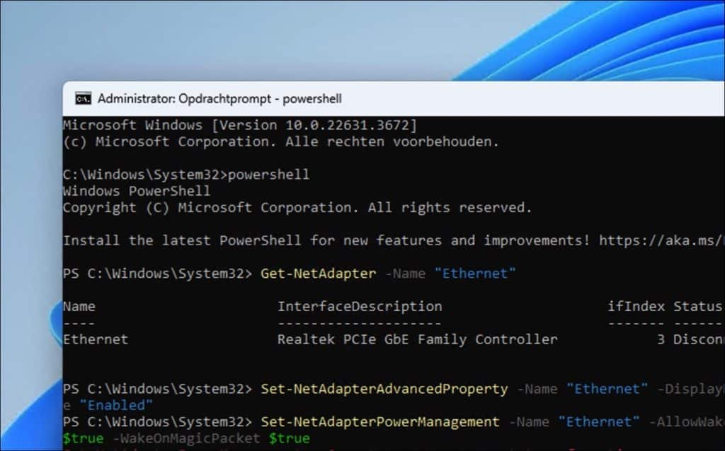 Wake on LAN inschakelen of uitschakelen via Opdrachtprompt powerShell