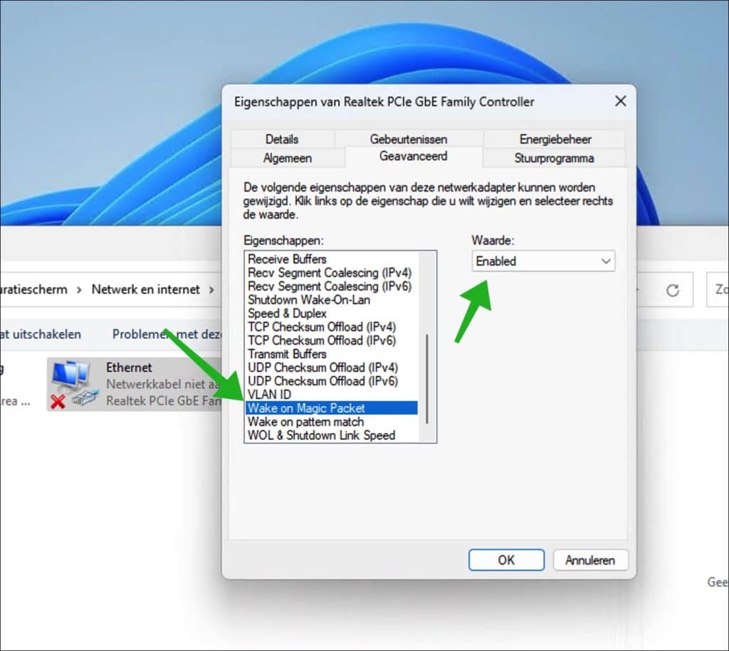 Wake on LAN inschakelen of uitschakelen via configuratiescherm