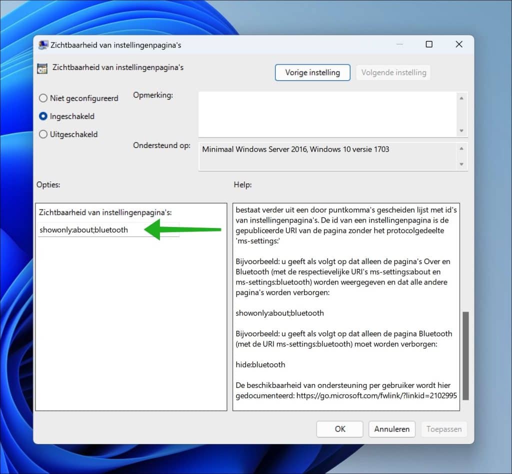 Windows instellingen verbergen in Windows 11