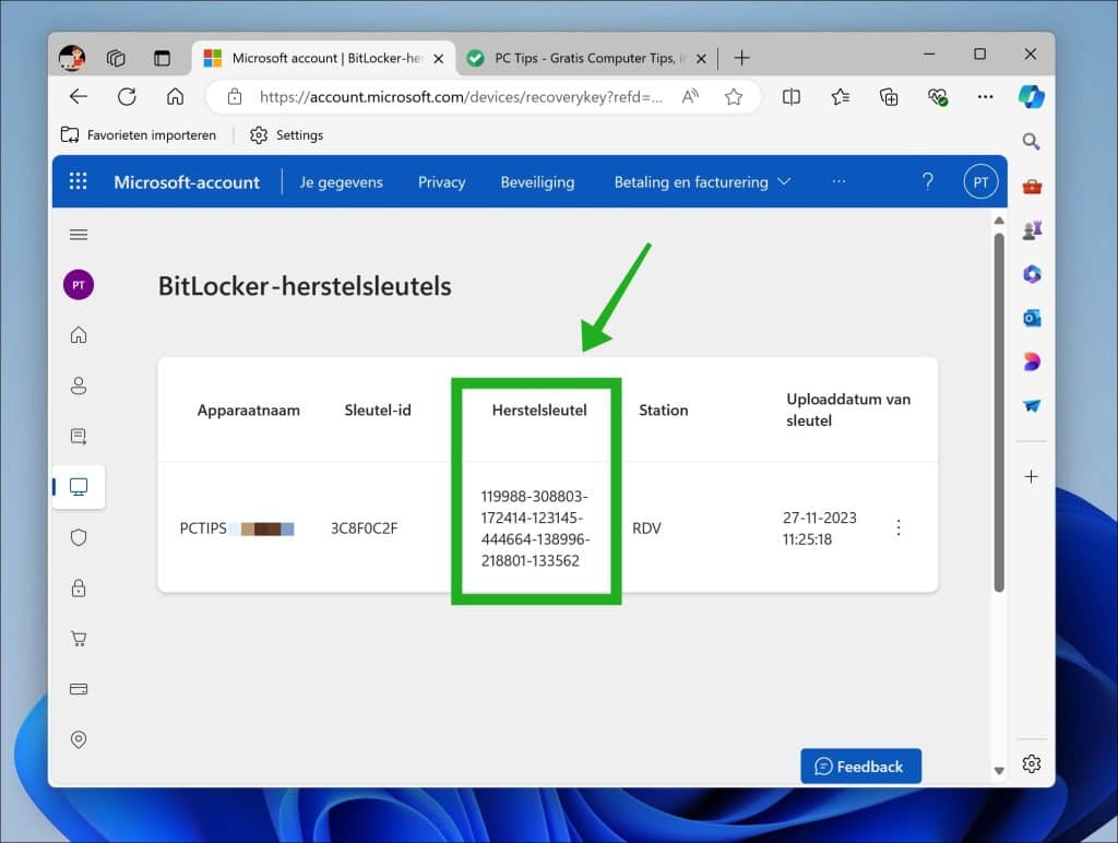 Hoe vind je de Bitlocker herstelsleutel