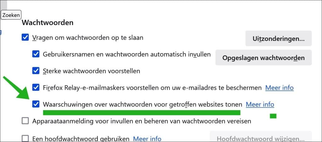 Waarschuwingen over wachtwoorden voor getroffen websites tonen in firefox