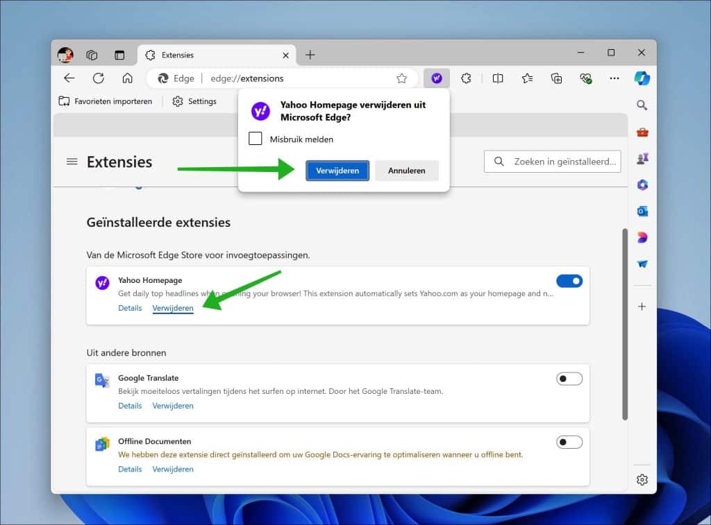 Yahoo extensie verwijderen