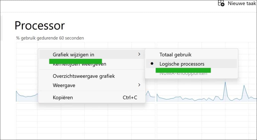 Logische processoren weergeven in Taakbeheer