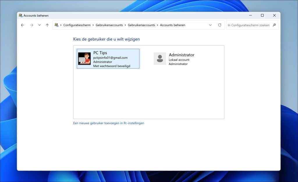 Configuratiescherm accounts beheren