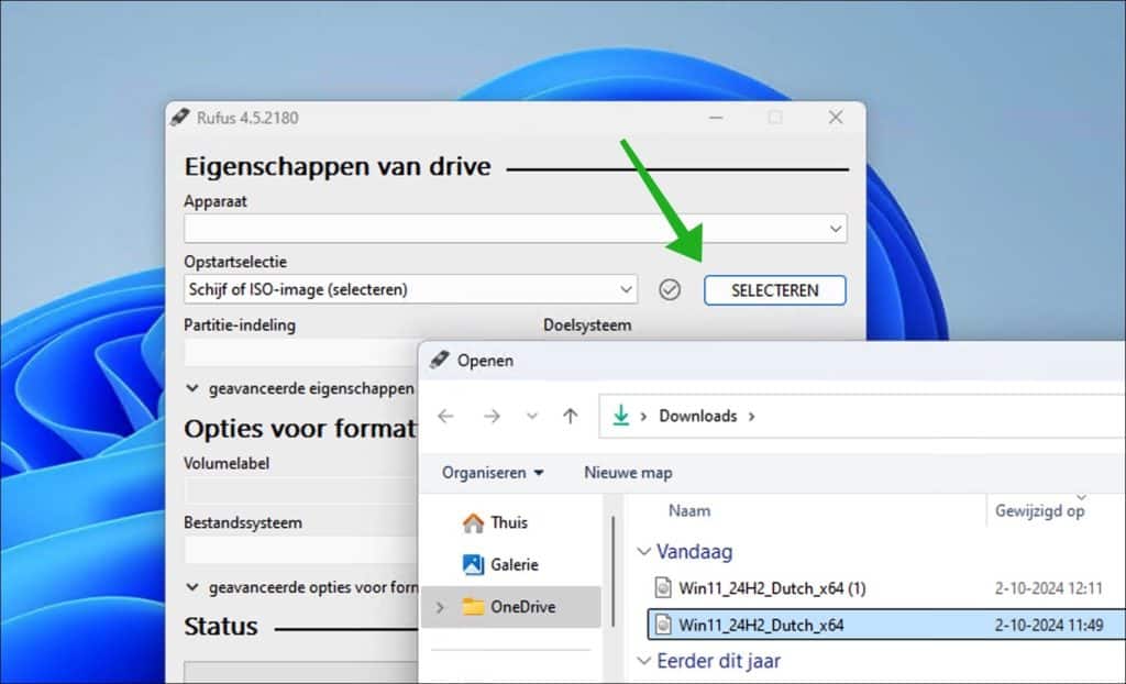 selecteer iso in rufus