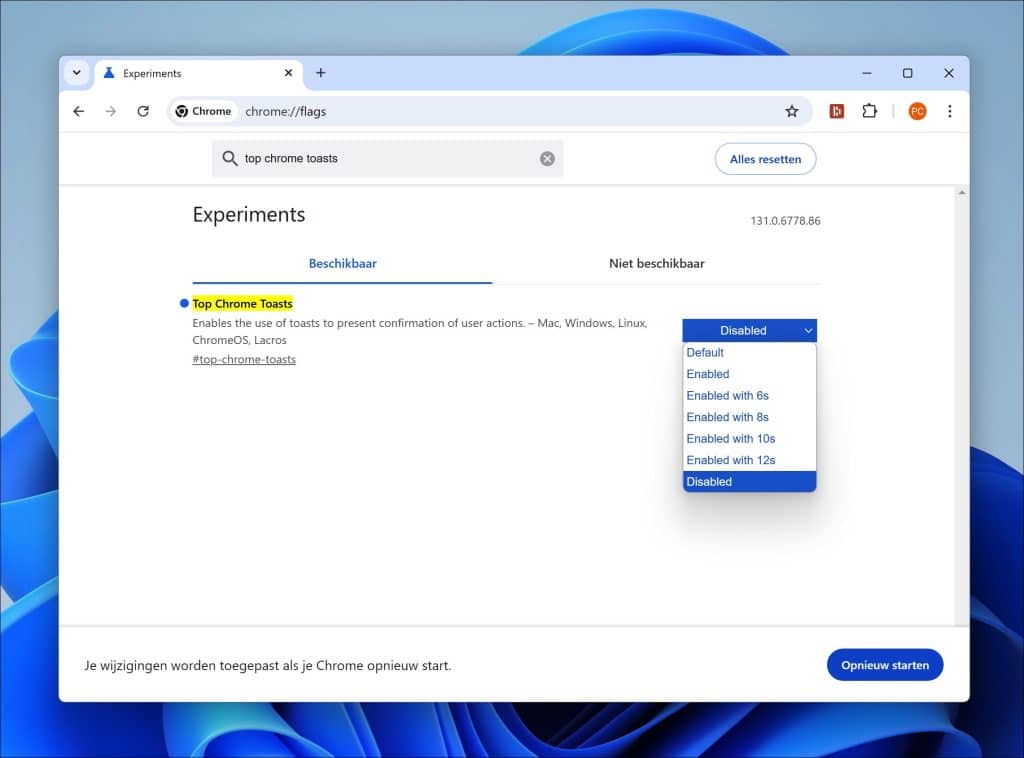 Toast meldingen in Google Chrome uitschakelen