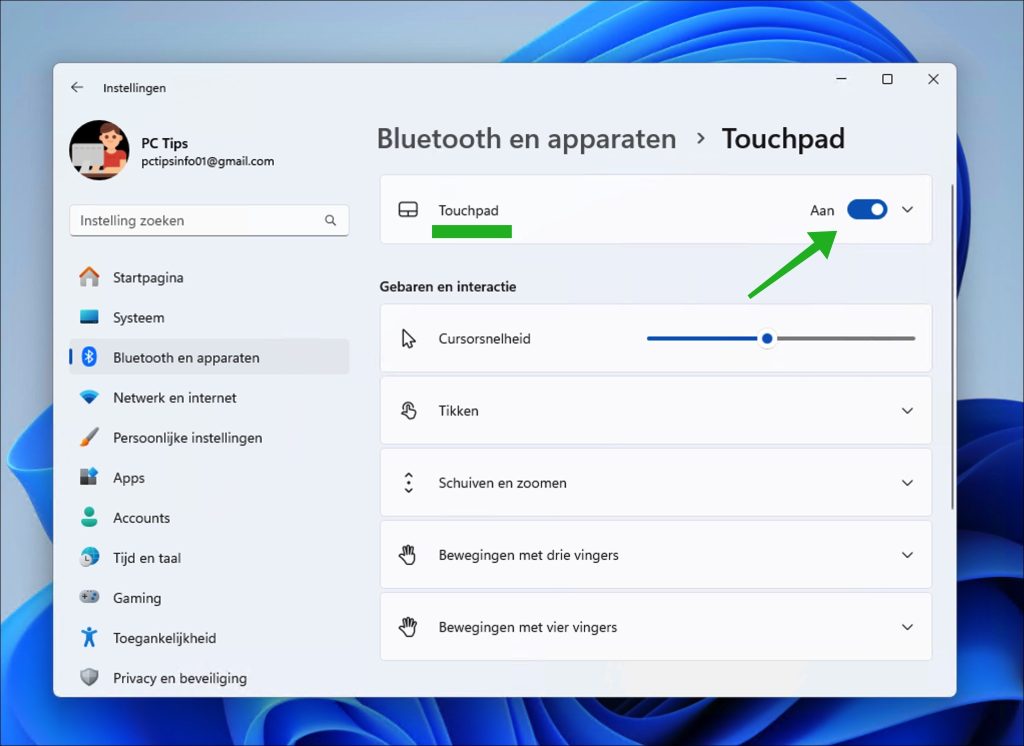 Touchpad inschakelen