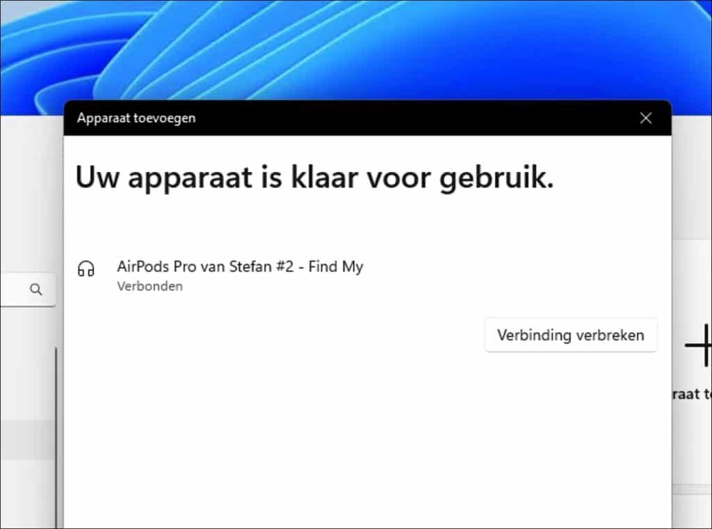 AirPods verbonden via bluetooth met windows 11 computer