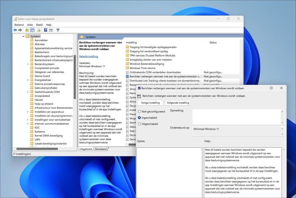 Berichten verbergen wanneer niet aan de systeemvereisten van Windows wordt voldaan