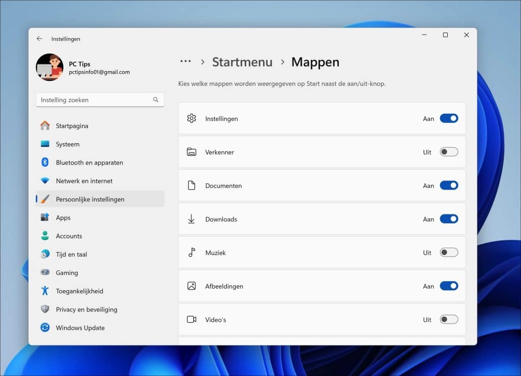 Mappen toevoegen aan het Startmenu