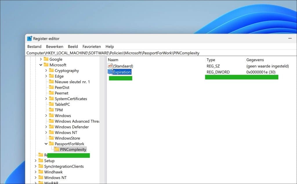 Verloopdatum voor PIN-code instellen via register-editor