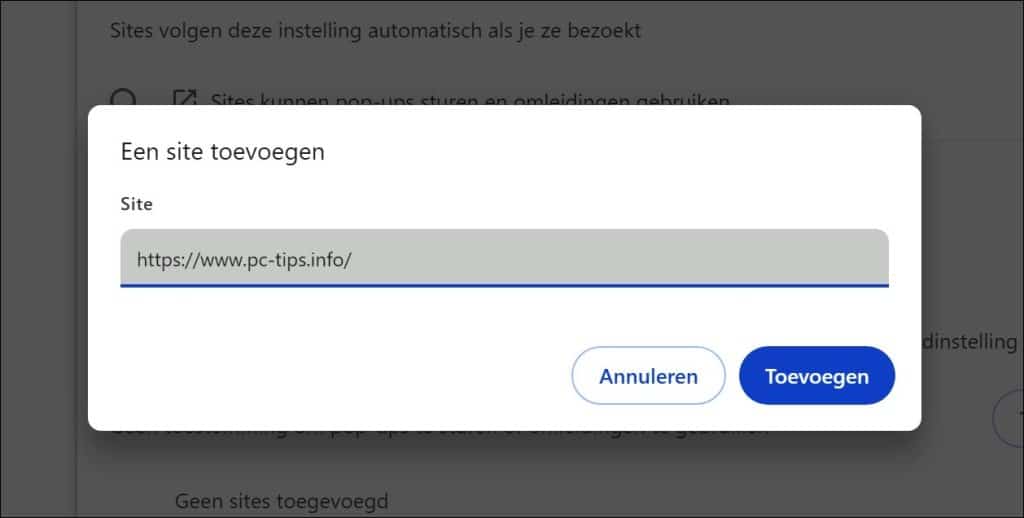 uitzondering pop-ups toevoegen