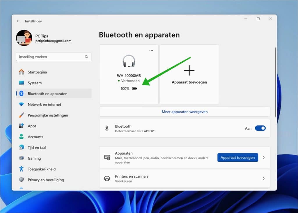 Batterijniveau van Bluetooth-apparaten