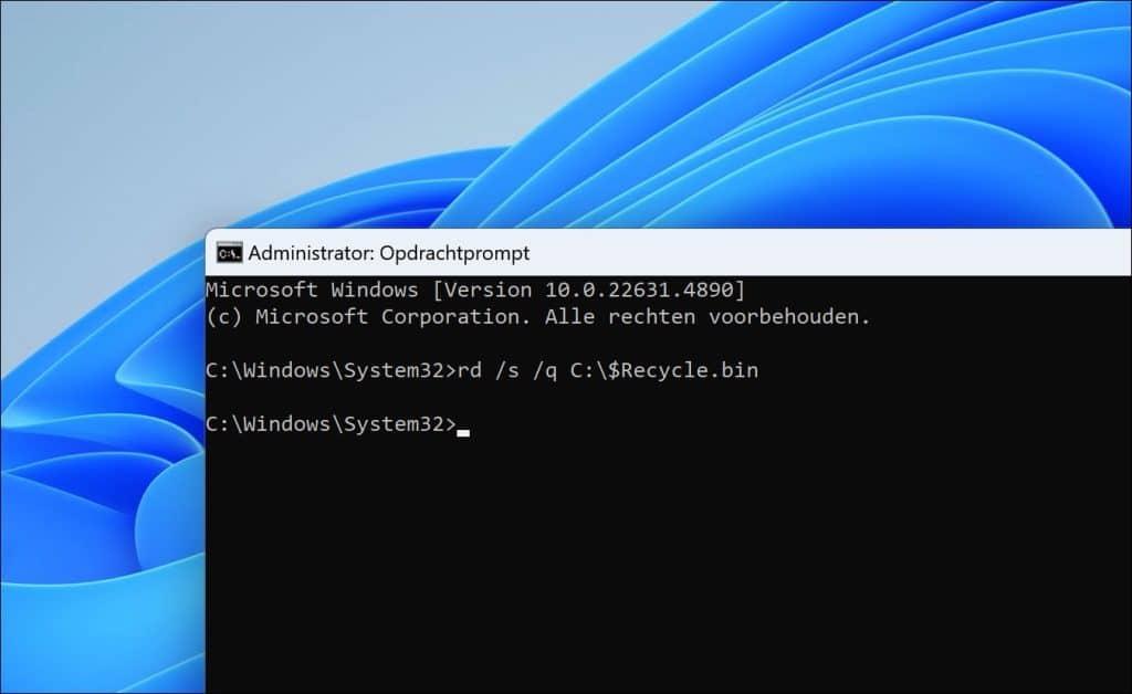 De Prullenbak herstellen via de Opdrachtprompt