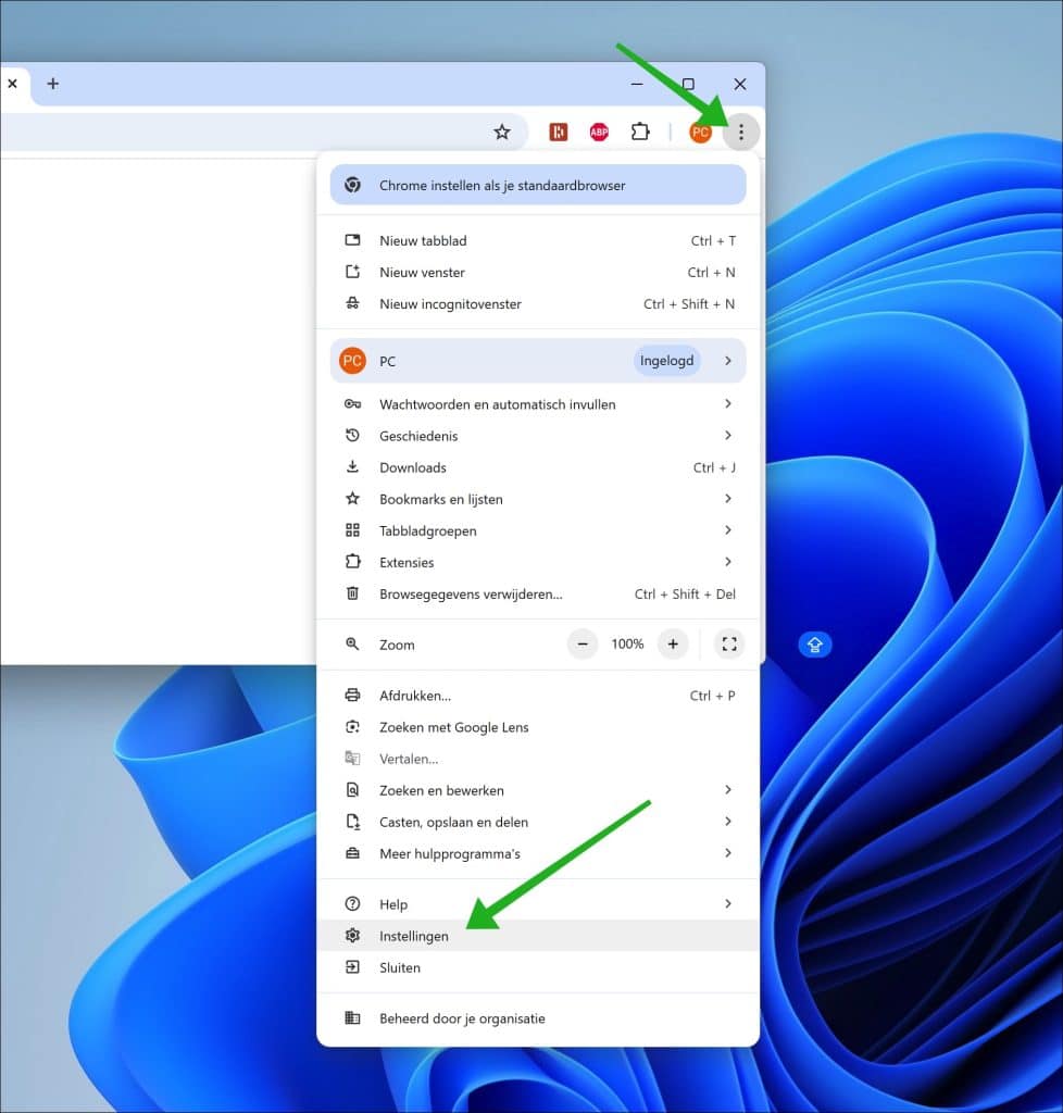 Instellingen Google Chrome opnene