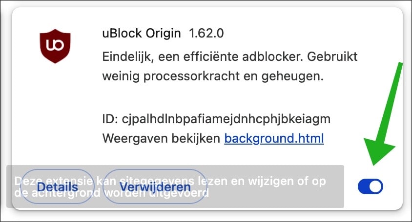 uBlock origin inschakelen